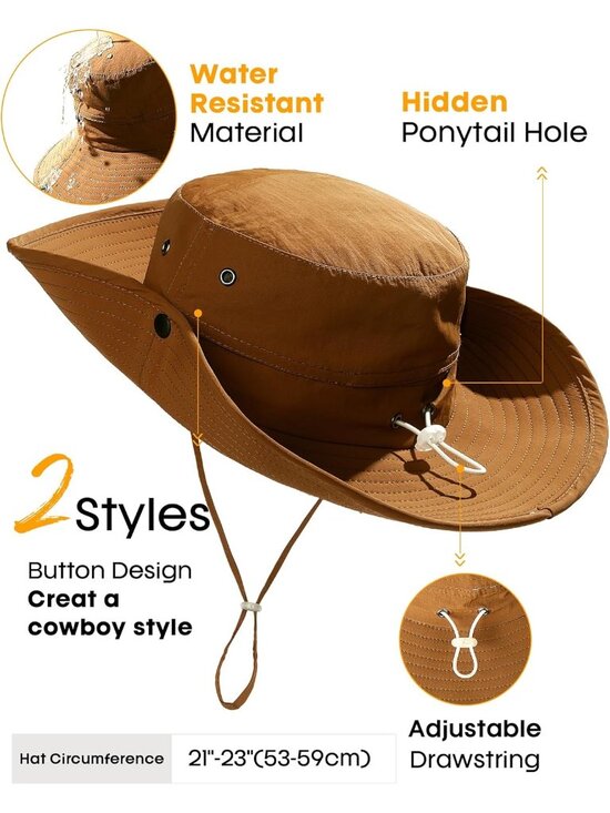 〽️Women Brown Ponytail UPF 80+ Wide Brim Packable Cowboy Hat Beach Sun Hat